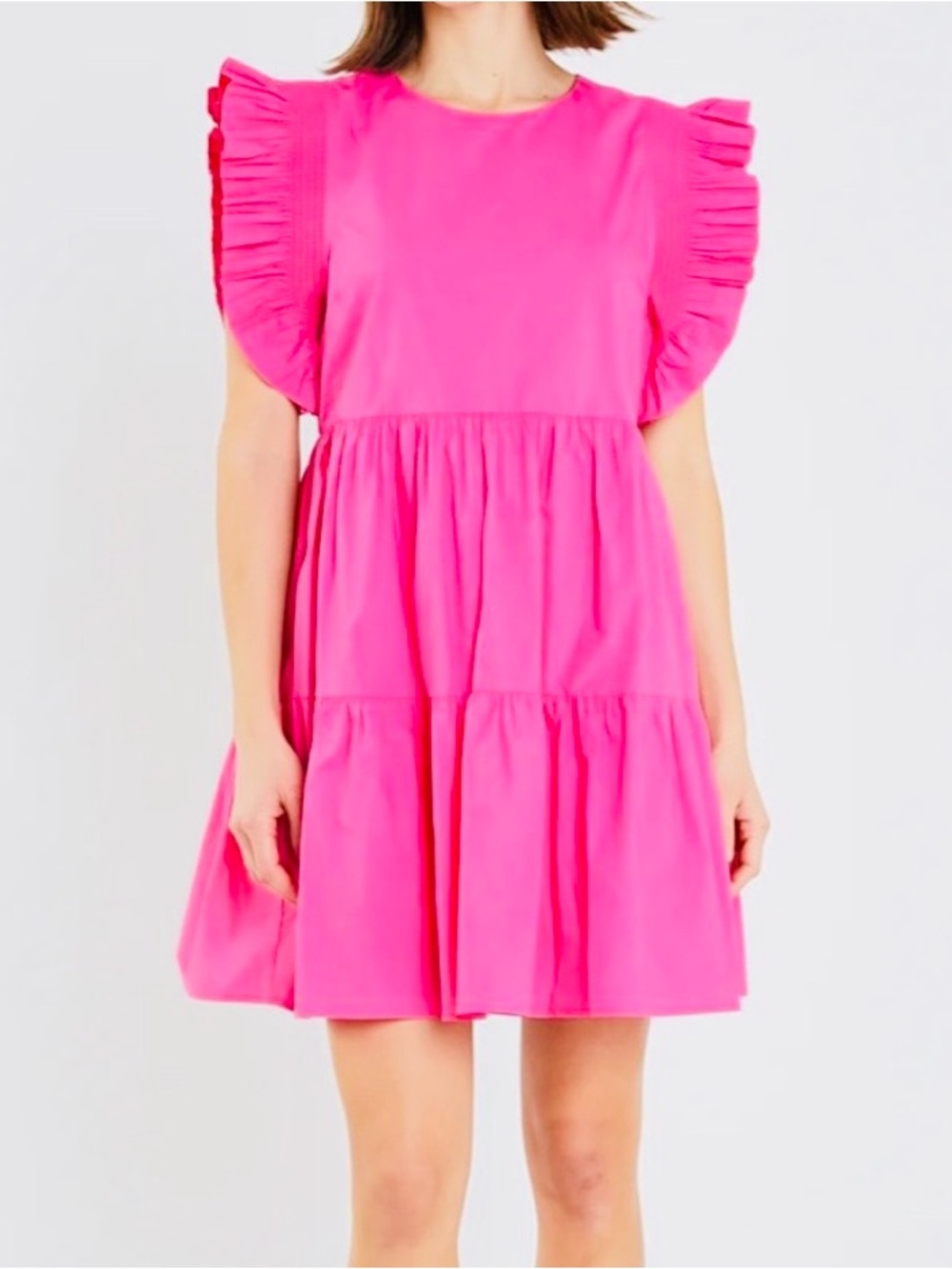 English Factory Hot Pink Ruffle Sleeve Tiered Dress Lg NWT